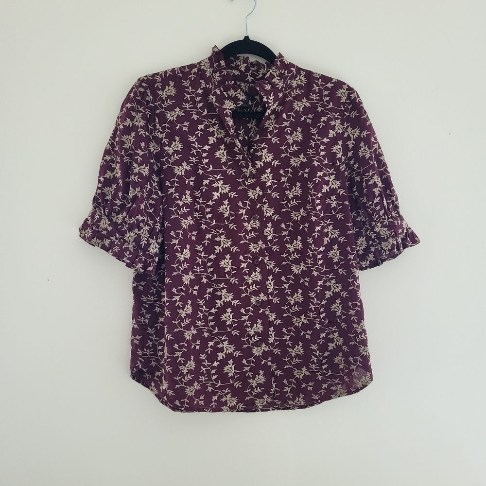 Ann Taylor Sz Medium Burgundy Embroidered Floral Ruffle Button Shirt 100% Cotton - Picture 2 of 9